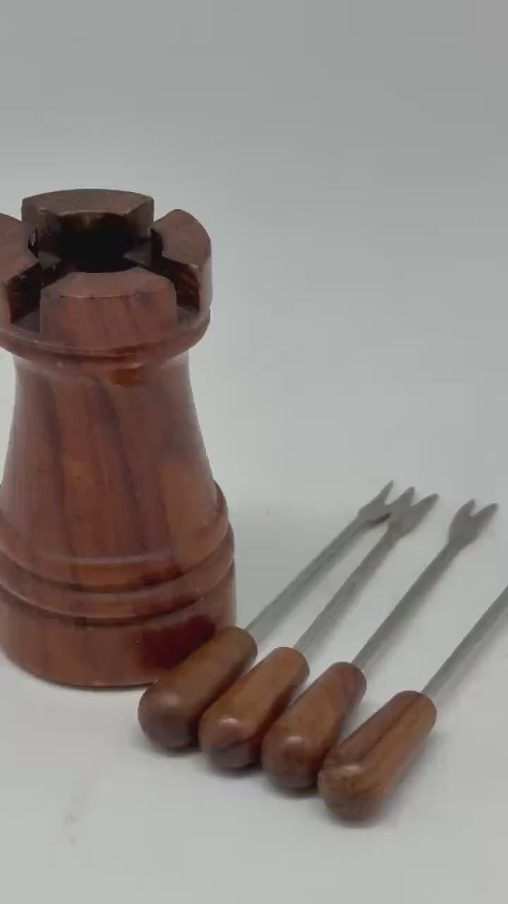 Vintage Mid-Century Fondue Fork Set with Solid Wood Holder | Retro Cheese Appetizer Picks | 7cm Skewers | Rustic Table Decor