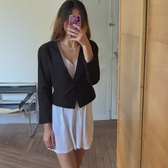 Vintage black woman blazer, Mezzanino tailored cropped jacket,  minimalist chic vest, size S