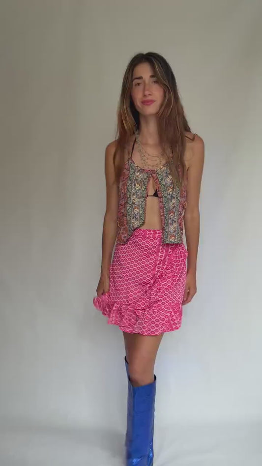 Pink Silk Ruffle Wrap Skirt – Sindia NWT, Size S–L Adjustable, Festival Boho Summer Vibes, Lightweight Vibrant Print, Cottagecore Beach