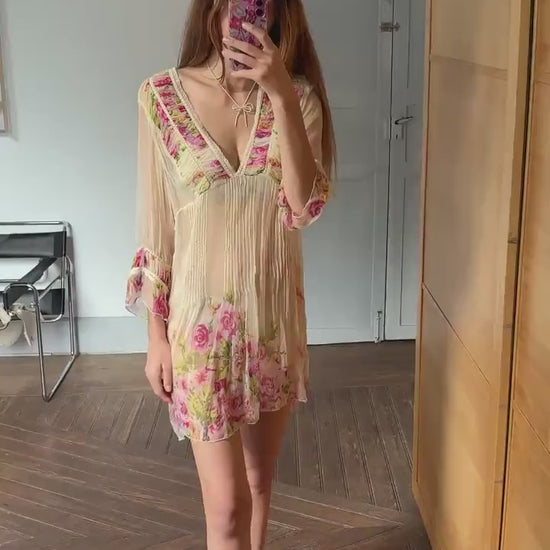 Vintage Sheer floral summer bikini dress, Sexy see through rose flower gypsy dress, Festival boho hippie beach dress