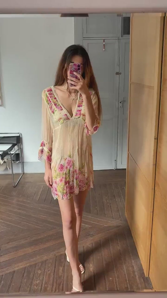 Vintage Sheer floral summer bikini dress, Sexy see through rose flower gypsy dress, Festival boho hippie beach dress