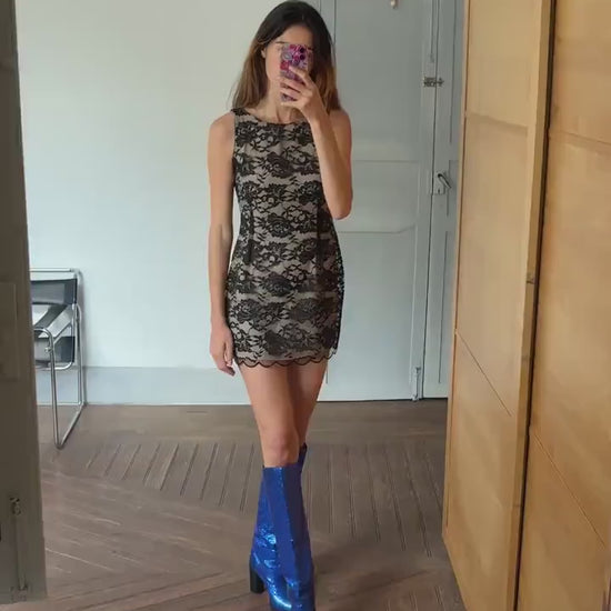 Vintage handmade black lace overlay mini dress with nude lining and floral details, elegant evening party outfit S size