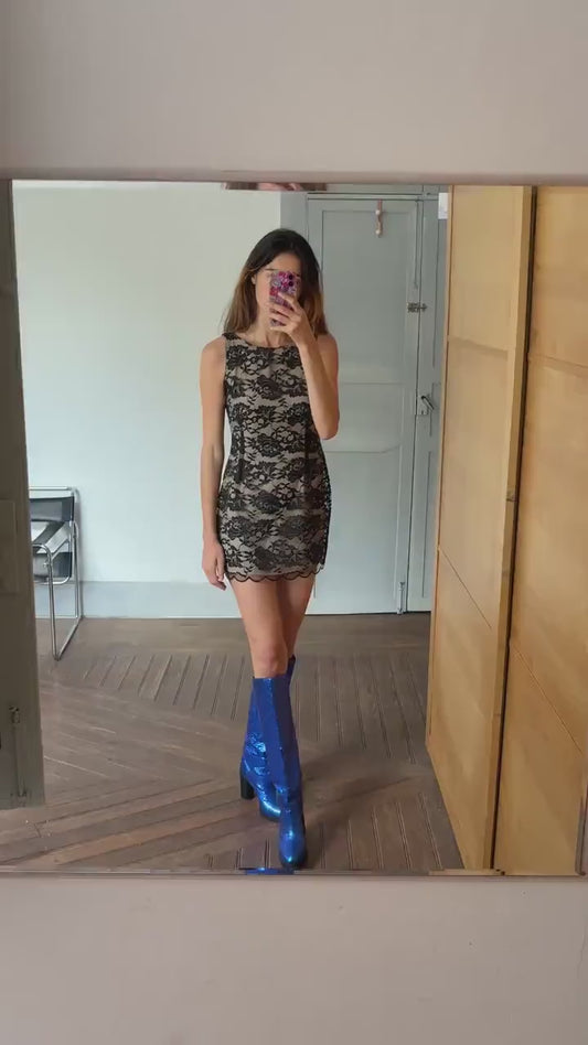 Vintage handmade black lace overlay mini dress with nude lining and floral details, elegant evening party outfit S size