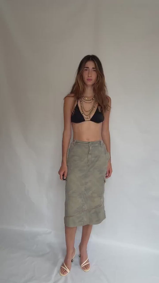 Y2K Army Girl Camo Midi Skirt | Adjustable Waist Cargo Skirt | 2000s Military Style Streetwear | Grunge Utility Skirt in Cotton | S/M