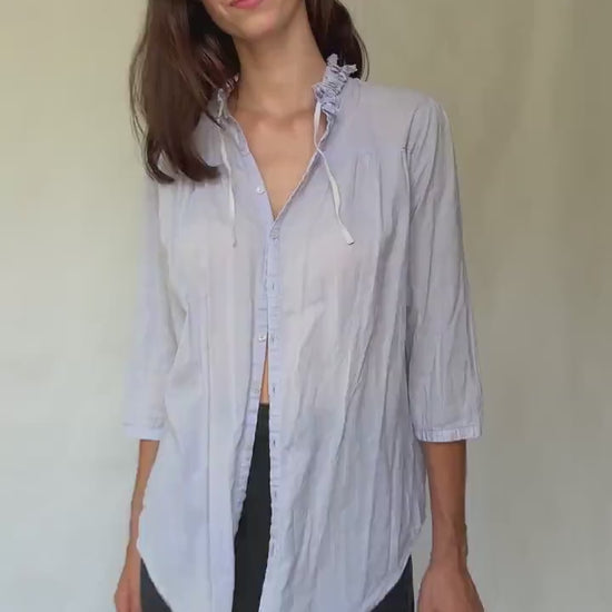 Light blue sheer cotton blouse | tie neckline ruffle detail | summer lightweight shirt | romantic feminine style secondhand top