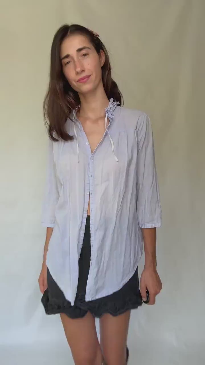 Light blue sheer cotton blouse | tie neckline ruffle detail | summer lightweight shirt | romantic feminine style secondhand top