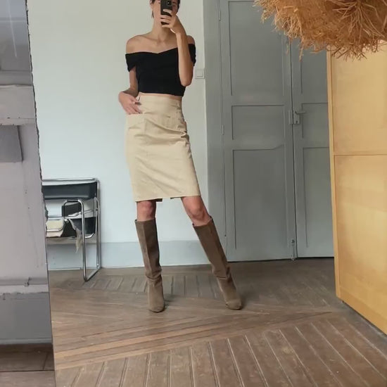 High-Waisted Beige cotton pencil Skirt with Pockets, Minimalist Neutral Skirt, Casual Chic Knee-Length Skirt for Women, Summer Workwear