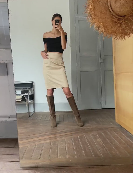 High-Waisted Beige cotton pencil Skirt with Pockets, Minimalist Neutral Skirt, Casual Chic Knee-Length Skirt for Women, Summer Workwear