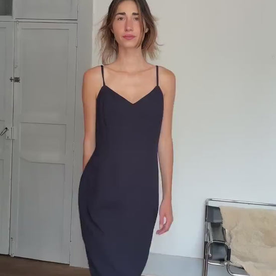 Vintage Navy Blue Slip Dress by Simon Ellis – Elegant Minimalist Occasion Dress, Size L / UK 16 / US 12